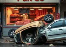 carro capota e invade açougue