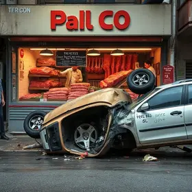 carro capota e invade açougue